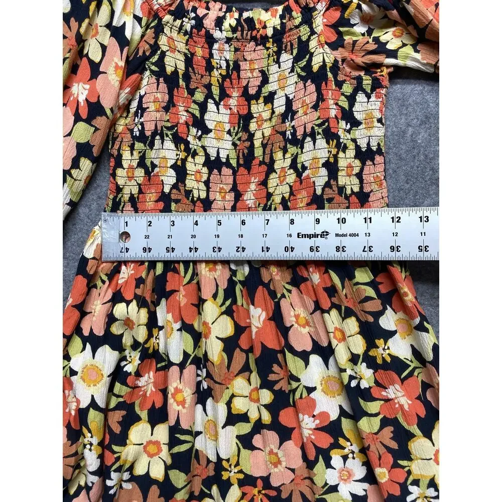 Billabong Dress Womens Large Black Floral Smocked Long Sleeve Boho Mini - Picture 3 of 9